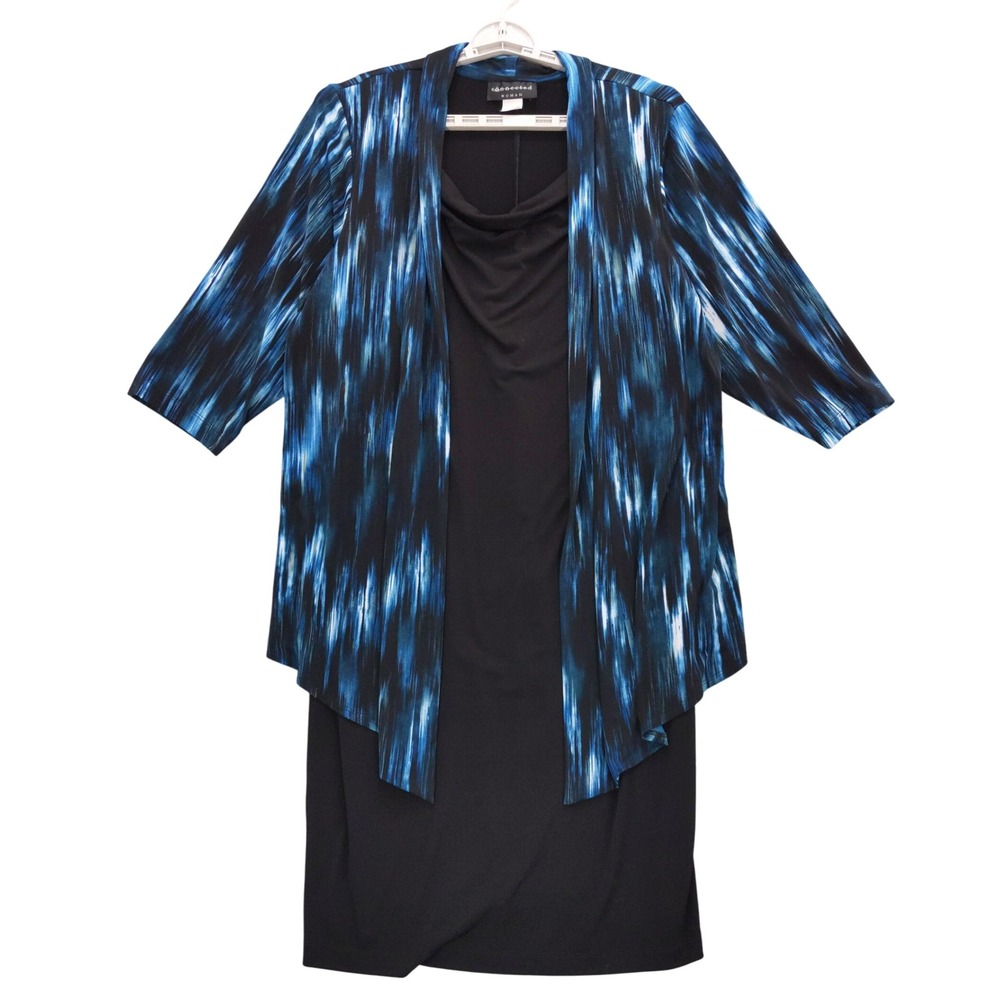 Connected Woman 18W 1 pc Dress & Jacket Set Blue Black Cowl Neck 3/4 Sleeve‎